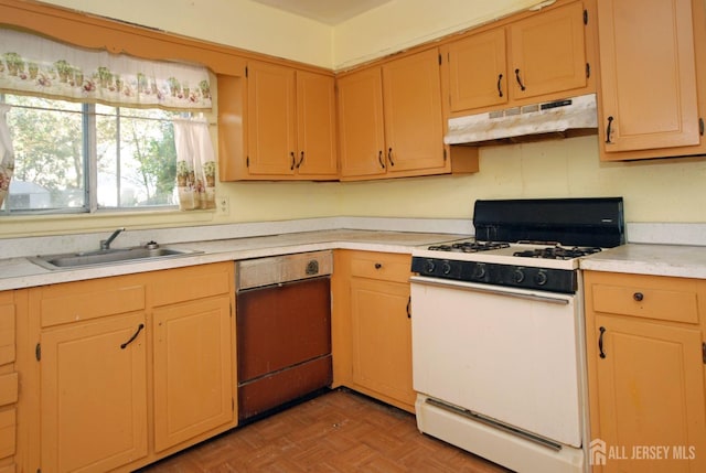 kitchen with black dishwasher, white gas range oven, sink, and light parquet flooring