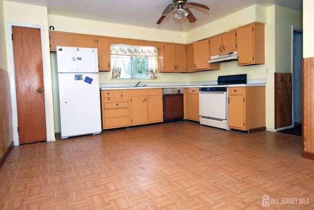 kitchen featuring stove, ceiling fan, dishwasher, light parquet flooring, and white fridge