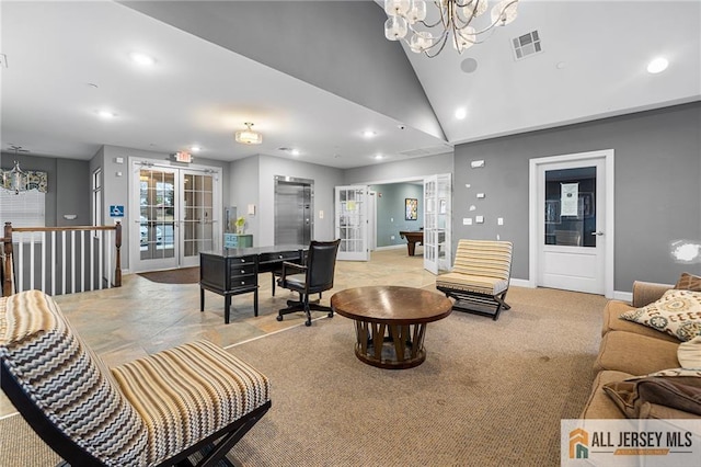 living room with recessed lighting, light carpet, visible vents, baseboards, and french doors