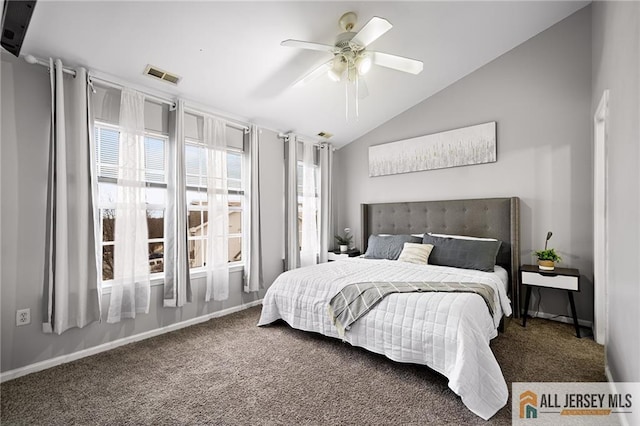 bedroom with lofted ceiling, visible vents, ceiling fan, and carpet flooring