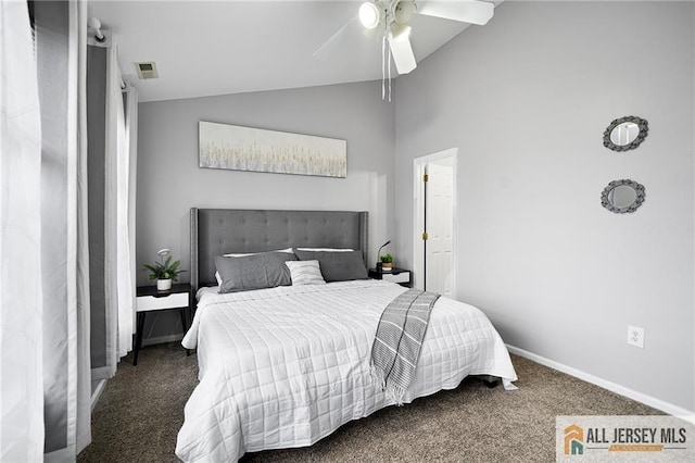 bedroom featuring lofted ceiling, carpet floors, a ceiling fan, visible vents, and baseboards