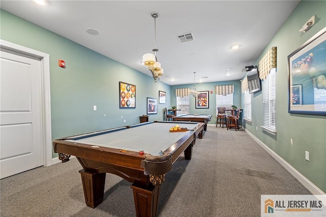 game room with recessed lighting, visible vents, carpet flooring, billiards, and baseboards