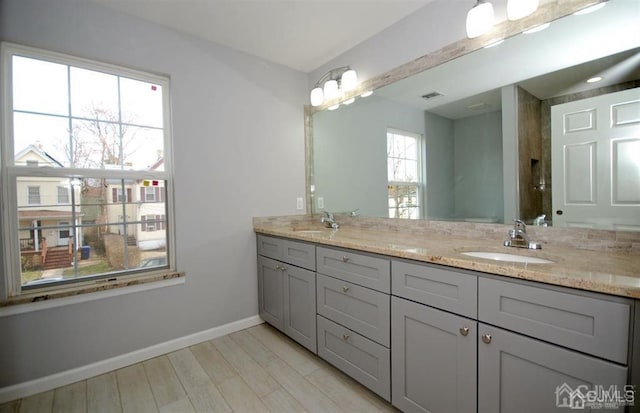 bathroom with dual bowl vanity, wood-type flooring, and a healthy amount of sunlight