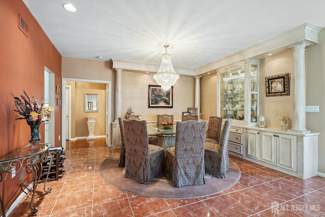 267 Tyler Ct, Monroe, NJ 08831 - dining space featuring decorative columns, a chandelier, marble finish floors, and recessed lighting