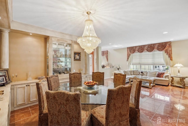 267 Tyler Ct, Monroe, NJ 08831 - dining area with a chandelier, decorative columns, crown molding, and recessed lighting