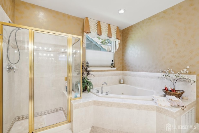 267 Tyler Ct, Monroe, NJ 08831 - full bathroom with a whirlpool tub, a stall shower, recessed lighting, and wallpapered walls