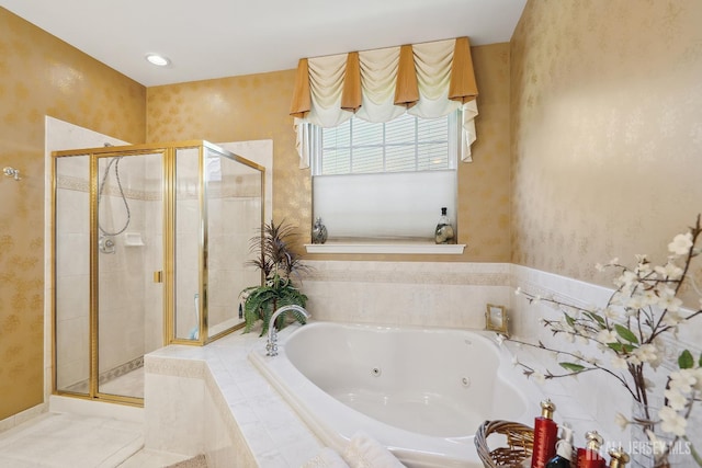 267 Tyler Ct, Monroe, NJ 08831 - full bathroom with a stall shower, a tub with jets, and wallpapered walls