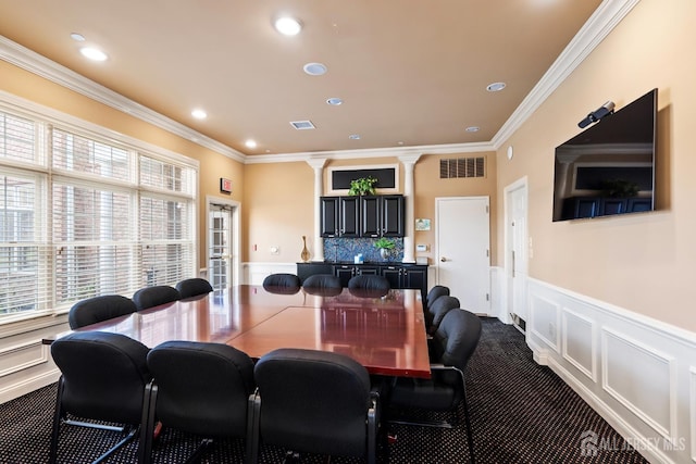 267 Tyler Ct, Monroe, NJ 08831 - living area with ornate columns, ornamental molding, plenty of natural light, a wainscoted wall, and recessed lighting