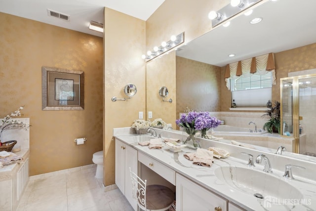 267 Tyler Ct, Monroe, NJ 08831 - full bathroom with a garden tub, double vanity, a shower stall, and tile patterned floors