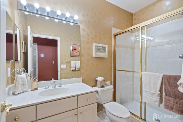267 Tyler Ct, Monroe, NJ 08831 - bathroom with wallpapered walls, a stall shower, and vanity