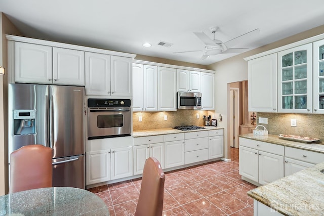 267 Tyler Ct, Monroe, NJ 08831 - kitchen featuring appliances with stainless steel finishes, glass insert cabinets, a ceiling fan, recessed lighting, and white cabinetry