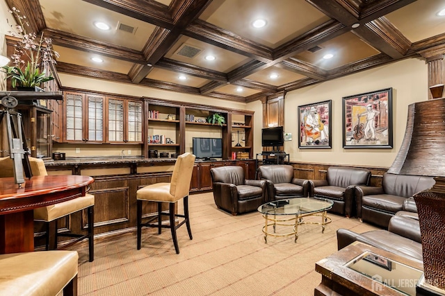 267 Tyler Ct, Monroe, NJ 08831 - home office featuring coffered ceiling, beam ceiling, ornamental molding, a wainscoted wall, and light carpet