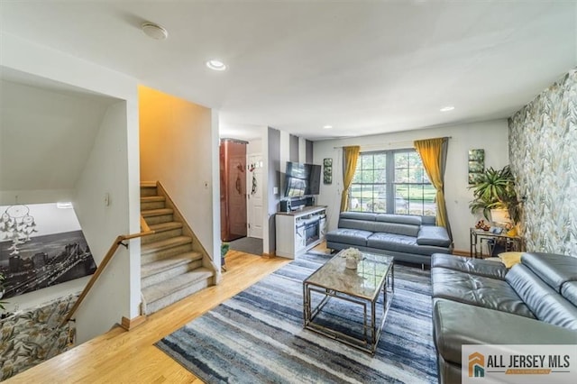 47 Pheasant Run Unit 47, Edison, NJ 08820 - living area with light wood finished floors, stairway, and recessed lighting