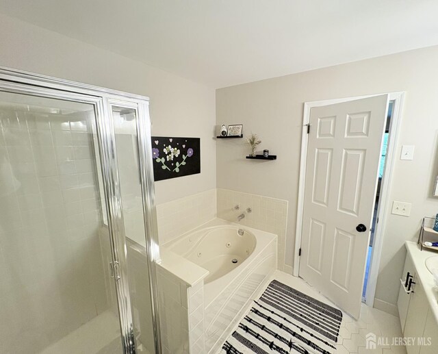 122 Arbor Way, Branchburg, NJ 08876 - full bath with a jetted tub, a shower stall, vanity, and tile patterned flooring