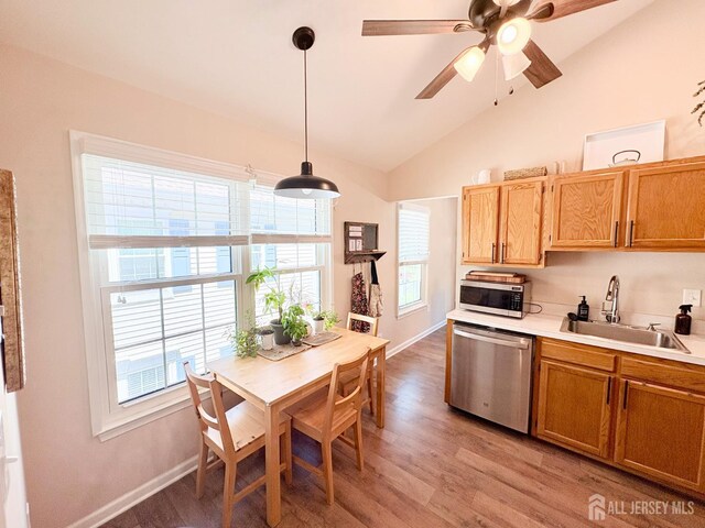 122 Arbor Way, Branchburg, NJ 08876 - kitchen featuring appliances with stainless steel finishes, a sink, lofted ceiling, light wood-type flooring, and light countertops
