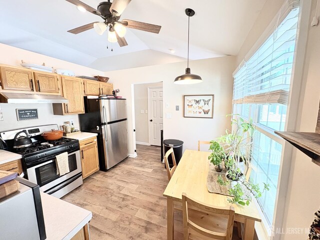 122 Arbor Way, Branchburg, NJ 08876 - kitchen with stainless steel appliances, under cabinet range hood, lofted ceiling, light countertops, and light brown cabinets