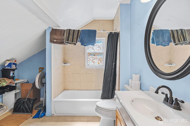 305 Penfield Pl, Dunellen, NJ 08812 - bathroom featuring vaulted ceiling, vanity, shower / bath combo with shower curtain, and tile patterned floors