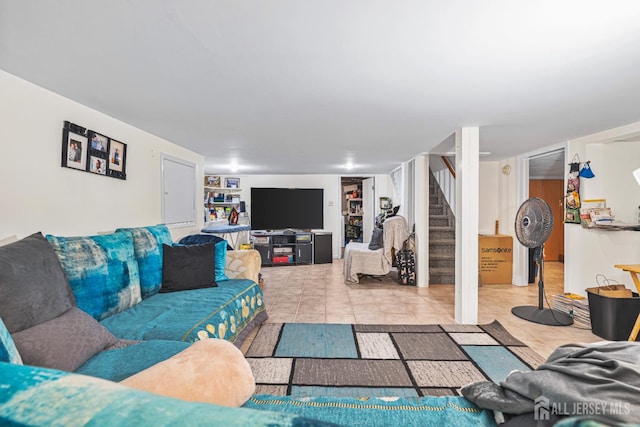 305 Penfield Pl, Dunellen, NJ 08812 - living area featuring stairway, built in shelves, and tile patterned flooring