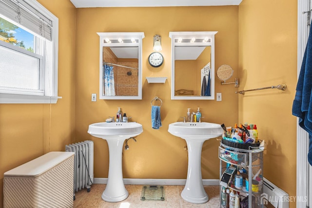 305 Penfield Pl, Dunellen, NJ 08812 - full bath featuring radiator heating unit, a shower, tile patterned floors, and a baseboard radiator