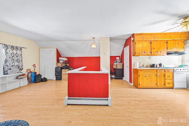 305 Penfield Pl, Dunellen, NJ 08812 - kitchen featuring white electric stove, light wood-style floors, under cabinet range hood, a ceiling fan, and vaulted ceiling