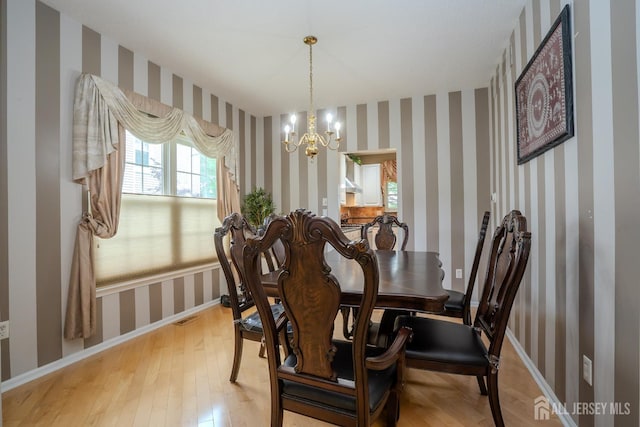 5 Fairmount Ct, Monroe, NJ 08831 - dining space with wallpapered walls, a chandelier, and light wood-type flooring