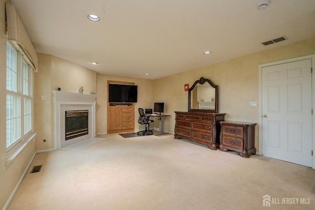 5 Fairmount Ct, Monroe, NJ 08831 - living room featuring carpet, a fireplace, recessed lighting, and an office area