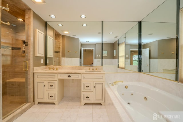 5 Fairmount Ct, Monroe, NJ 08831 - bathroom featuring a jetted tub, a shower stall, double vanity, and recessed lighting