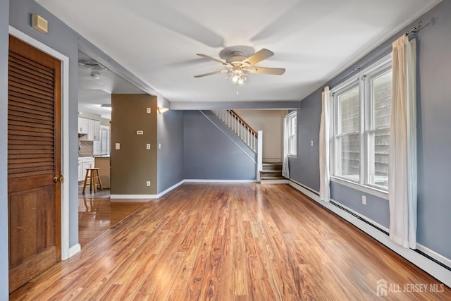 15 Cutter Ave, Fords, NJ 08863 - unfurnished living room featuring a ceiling fan, light wood-style floors, stairway, baseboards, and a baseboard heating unit