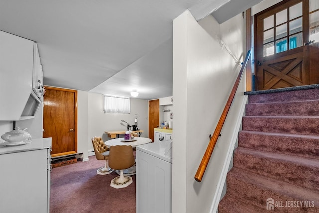 staircase featuring carpet flooring