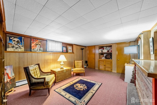 living area featuring built in features, carpet flooring, wood walls, and a baseboard radiator