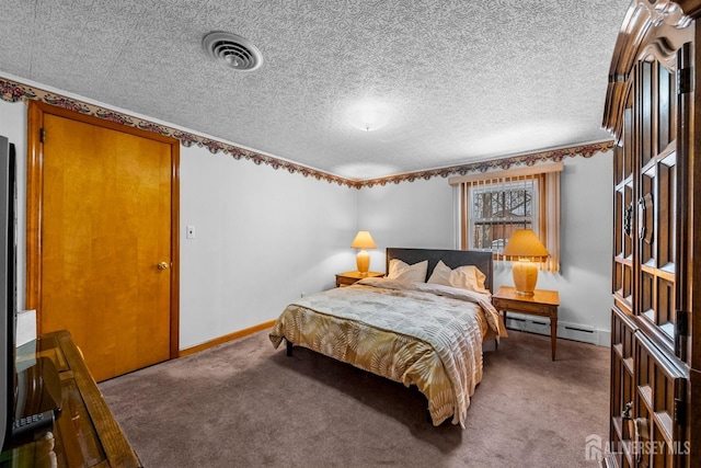 bedroom featuring baseboards, visible vents, carpet floors, a textured ceiling, and a baseboard heating unit