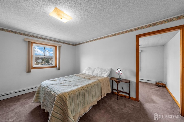 carpeted bedroom featuring a textured ceiling, baseboards, and a baseboard radiator