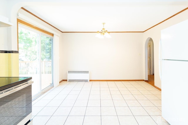 2624 Tremley Point Rd, Linden, NJ 07036 - empty room with radiator, arched walkways, crown molding, a chandelier, and baseboards