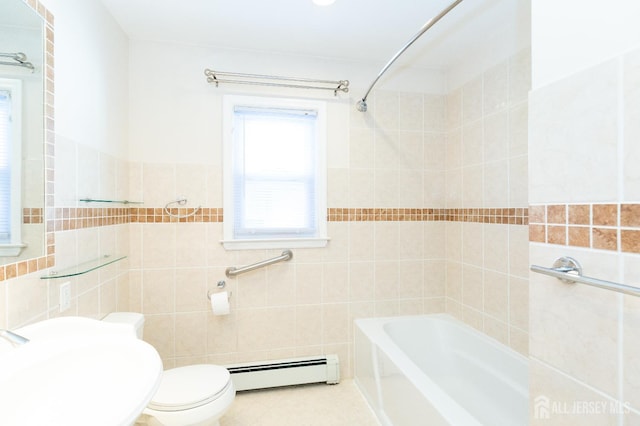 2624 Tremley Point Rd, Linden, NJ 07036 - full bathroom featuring a baseboard radiator, tile walls, a bathtub, a shower, and tile patterned flooring
