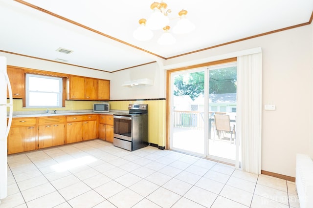 2624 Tremley Point Rd, Linden, NJ 07036 - kitchen with stainless steel appliances, a chandelier, ornamental molding, light countertops, and plenty of natural light