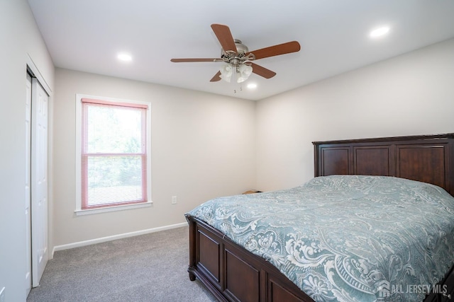 55 Cambridge Way, West Windsor, NJ 08550 - bedroom featuring light carpet, recessed lighting, baseboards, a closet, and a ceiling fan