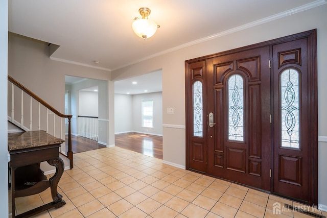 55 Cambridge Way, West Windsor, NJ 08550 - foyer featuring light tile patterned flooring, stairway, crown molding, and baseboards
