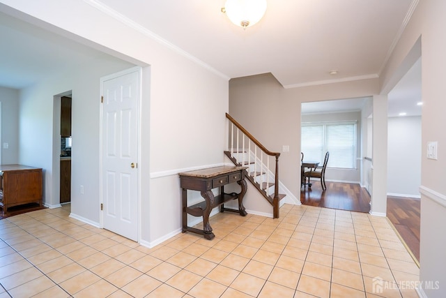 55 Cambridge Way, West Windsor, NJ 08550 - entryway with stairway, crown molding, baseboards, and light tile patterned flooring