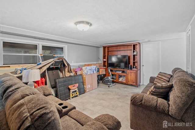 living room with a textured ceiling