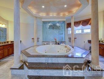 bathroom featuring a raised ceiling, a relaxing tiled tub, ornate columns, and vanity