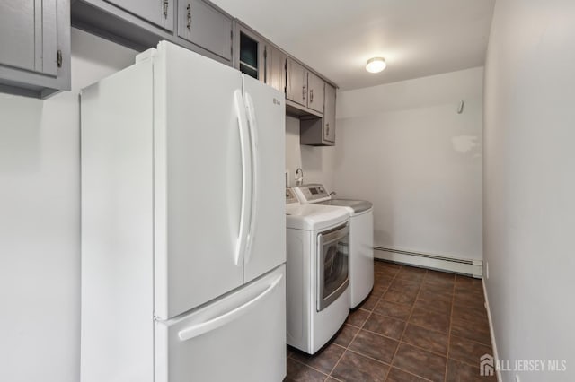 23 Little Brook Ln, Monroe, NJ 08831 - laundry room featuring a baseboard heating unit, washer and dryer, and dark tile patterned flooring