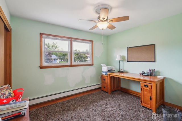 23 Little Brook Ln, Monroe, NJ 08831 - home office featuring a baseboard heating unit, ceiling fan, and wood finished floors