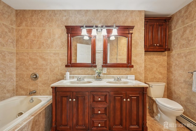 23 Little Brook Ln, Monroe, NJ 08831 - full bathroom featuring a baseboard heating unit, tile walls, a jetted tub, toilet, and double vanity