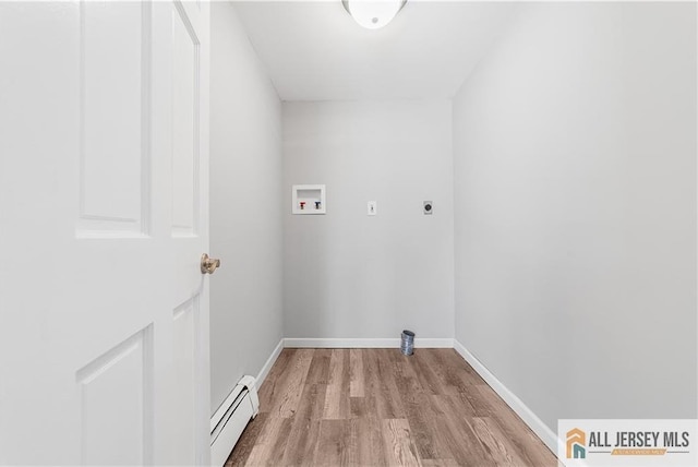 laundry area featuring washer hookup, light wood-style floors, laundry area, baseboard heating, and electric dryer hookup