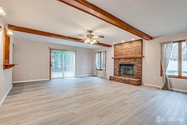 86 Bunker Hill Rd, Lawrence, NJ 08648 - unfurnished living room with beam ceiling, light wood-style floors, a brick fireplace, a ceiling fan, and recessed lighting