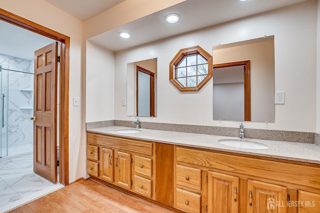 86 Bunker Hill Rd, Lawrence, NJ 08648 - bathroom with double vanity, a marble finish shower, marble finish flooring, and recessed lighting