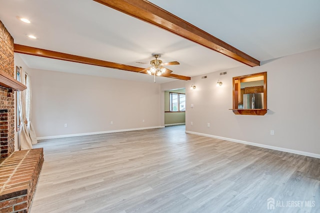 86 Bunker Hill Rd, Lawrence, NJ 08648 - unfurnished living room featuring a fireplace, beamed ceiling, a ceiling fan, light wood-style flooring, and recessed lighting