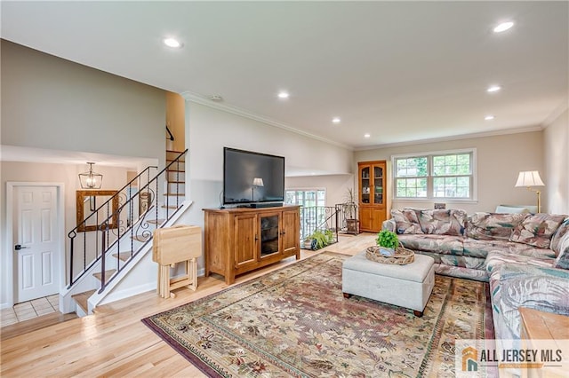 13 Steven Rd, South Brunswick, NJ 08824 - living room with crown molding, recessed lighting, light wood-style flooring, stairs, and baseboards
