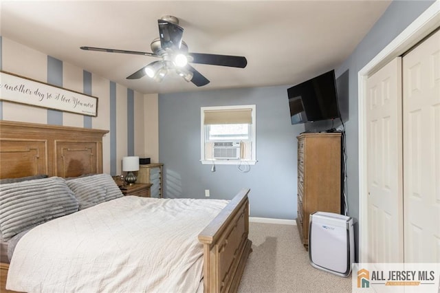 1516 N Indian Pl, North Brunswick, NJ 08902 - bedroom with cooling unit, light colored carpet, a ceiling fan, and a closet