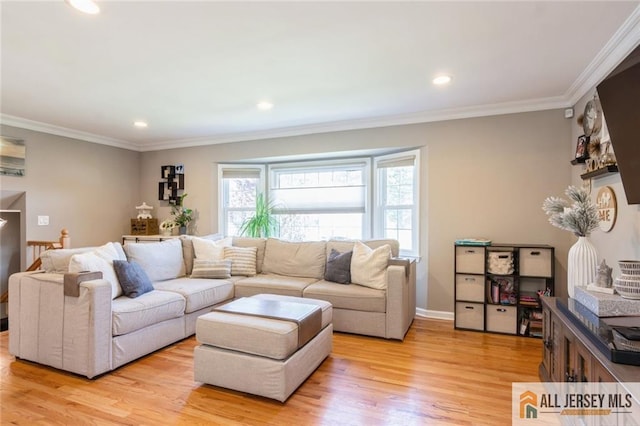 1516 N Indian Pl, North Brunswick, NJ 08902 - living area featuring light wood-style flooring, ornamental molding, and recessed lighting